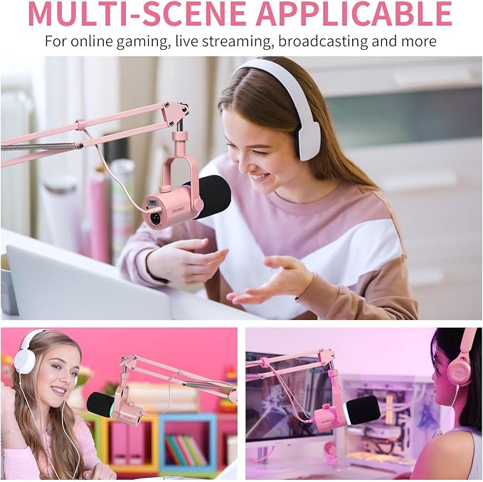 FEELWORLD AMS1 Microphone Boom Arm, Adjustable Mic Arm Stand with 3/8” to 5/8” Screw, Compatible with PM1 and other Mics for Podcast Straming Gaming Studio （Pink)