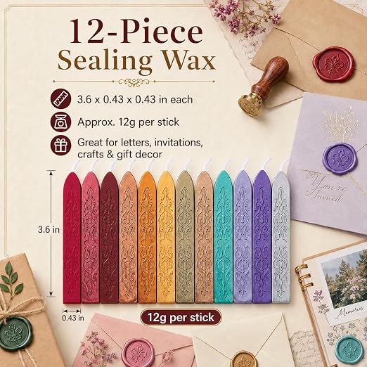 12 Pieces Sealing Wax Sticks with Wicks for Letter Seal Wax Stamp,Wedding Invitations, Packaging Decoration,Christmas Gift Ideas (Color)