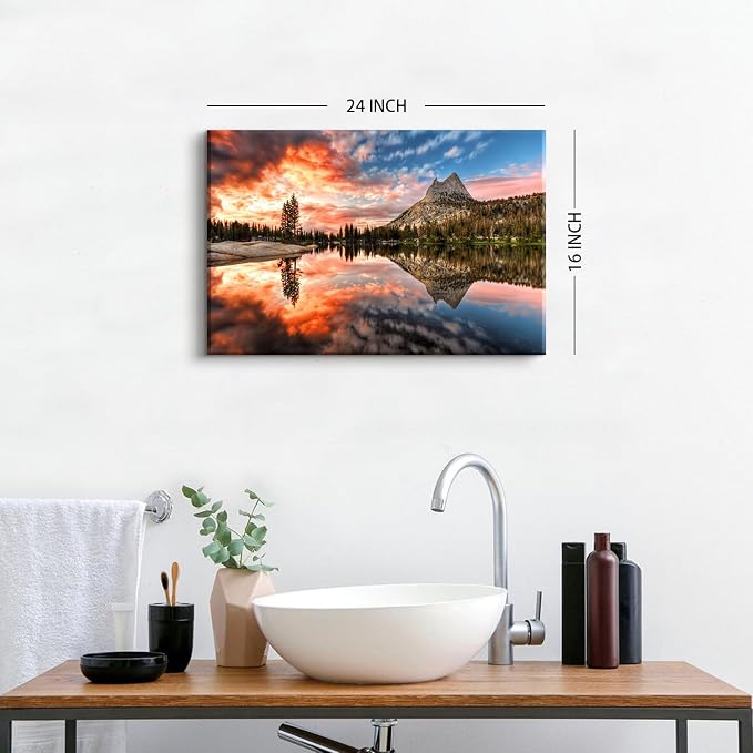 Nature Cathedral Lake Wall Art for Kitchen Wall Decor Mountain Forest Wall Decor Burnt Orange Sunset Photography Painting Canvas Prints Modern Aesthetic Framed Posters Artwork 16x24" Ready to Hang