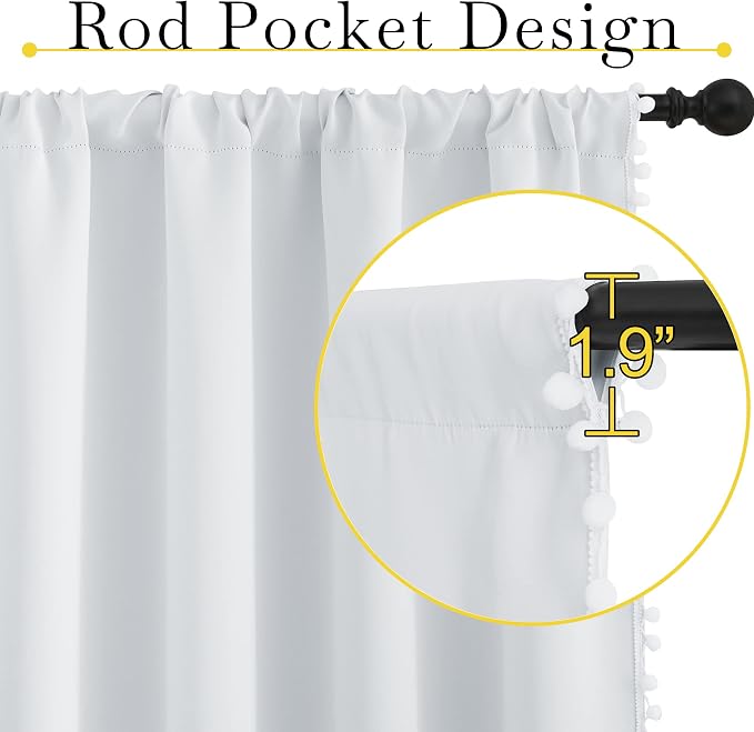 NICETOWN Pom Poms Trimming Blackout Curtains, Farmhouse Blackout Window Curtains Set of 2 Panels, Thick Thermal Insulated Vertical Drapes for Girls Boys Room Playroom, Greyish White, W52 x L84 inch