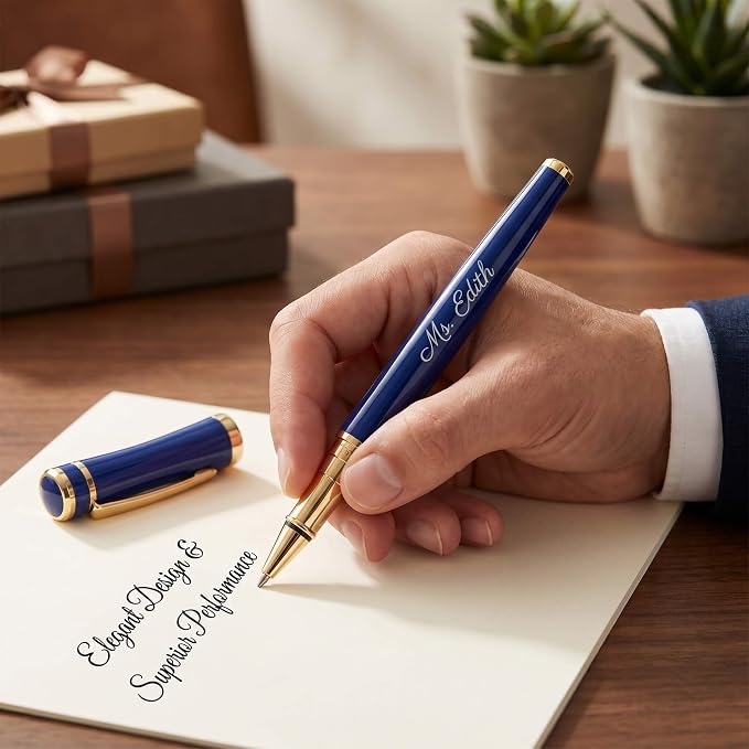 Ancolo Blue Ballpoint Pens - Modern, Classy, and Functional - Engraved with Your Message - Perfect for Groomsman, Wedding Party, Graduation, Christmas, Mother's Day