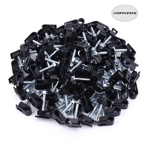 Cable Clips with Screws Fastener 1/4 Inch (6 mm) - All Weather Wire Clips for Coaxial, Ethernet,Electrical Cables,Brick/Stucco Siding Clips, UV-Resistant for Outdoor Wall Mount,100 Pack,Black