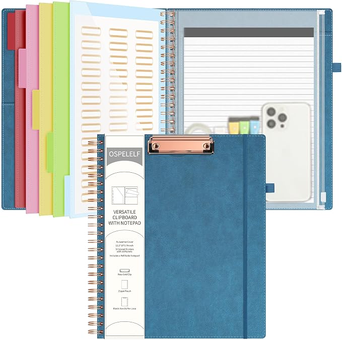 Ospelelf Foldable Spiral Clipboard Folio with with Storage Zipper Pouch, 5 Plastic Folders with 10 Pockets, Leather Clipboard Folder with Notepad, 39 Divider Label Stickers (Hazy Blue)