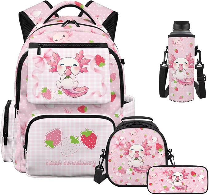 WELLFLYHOM Axolotl Strawberry 8-12 Girls School Bookbag Set Kids Backpack and Lunchbox Pencil Case Water Bottle Lightweight Daypack Gift for Back to School Season