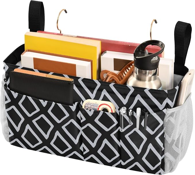Bedside Table Caddy Rocking Chair Storage Bag for Dorm, Bunk, Loft, Hospital Bed Blue-gray Square