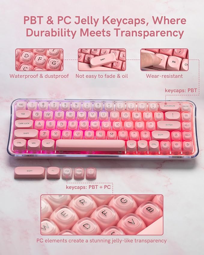 132 Keys PBT Keycaps, Jelly Keycaps Cute Creamy Key caps MOA Profile, MX-Compatible for 61/68/84/87/98/100/104-Key Mechanical Keyboard(Not Included), Pink