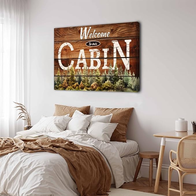Rustic Cabin Wall Art Brown Woodland Nursery Wall Decor for Living Room Vintage Farmhouse Forest Grain Background Prints Welcome to our Cabin Picture Modern Artwork Bedroom Cave Home Decoration 32x48"