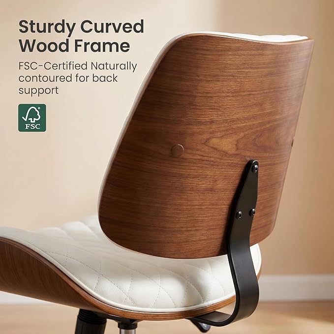 Furnimart Wooden Armless Desk Chair with Wheels, 360° Swivel Faux Leather Vanity Chair for Bedroom, Small Office Computer Task Chair for Home & Compact Spaces (PU White)