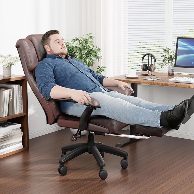 HOMREST 500lbs Big and Tall Office Chair, Ergonomic Heavy Duty Chair with Adjustable Lumbar Support & Backrest, Executive Leather Office Chair with Wide Armrests and Wheels (Brown)