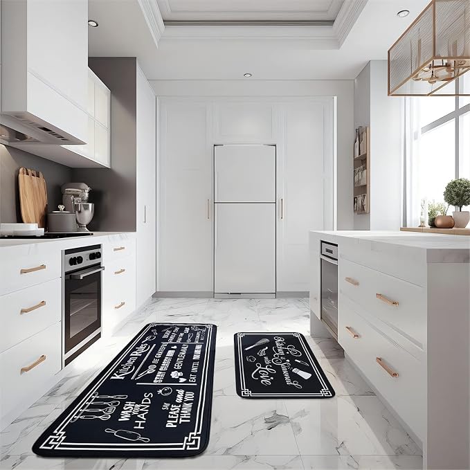 Voanos Black and White Kitchen Rugs,Non Skid Washable Microfiber mats for Kitchen Floor,Kitchen Rules Theme Cushioned Runner Rug Decor Sets of 2,Size 17"x 47"+17"x 30"