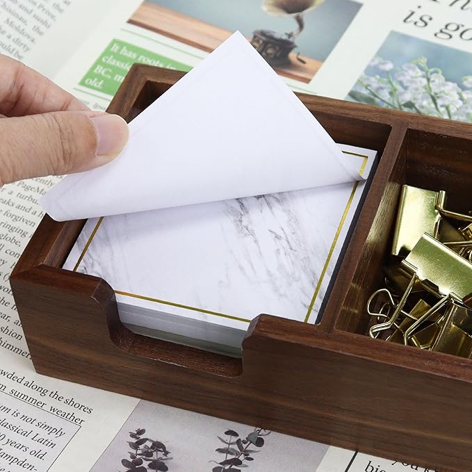 MultiBey Walnut Sticky Note Holder for Desk - 2-in-1 Organizer with Paper Clip Tray & 3x3 Post It Dispenser, Wood Self Stick Memo Pad Holder Dispenser Supplies Organizer for Office Home Schools