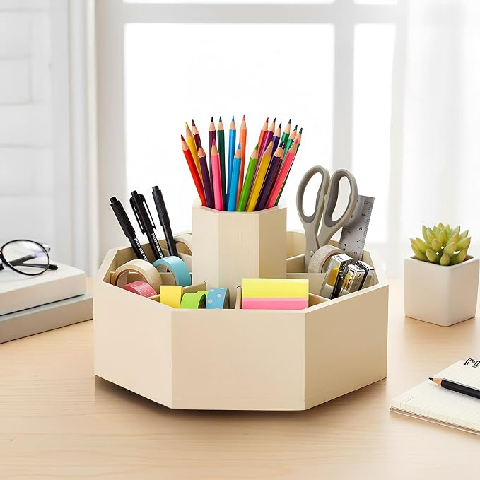 360° Rotating Pencil Holder for Desk Bamboo Rotating Marker Pen Desk Organizer Art Supply Gifts or Desktop Storage Caddy, Crayon, Marker, Pencil(Beige)