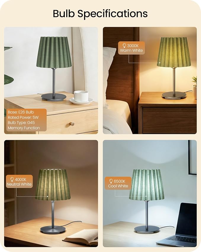Small Bedside Table Lamps Set of 2, Dimmable Table Lamps with 3 Adjustable Color Temperatures, Nightstand Lamps with 2 Bulbs, E26 Base, for Bedroom, Study, Desk, Green and Black J15TLP205
