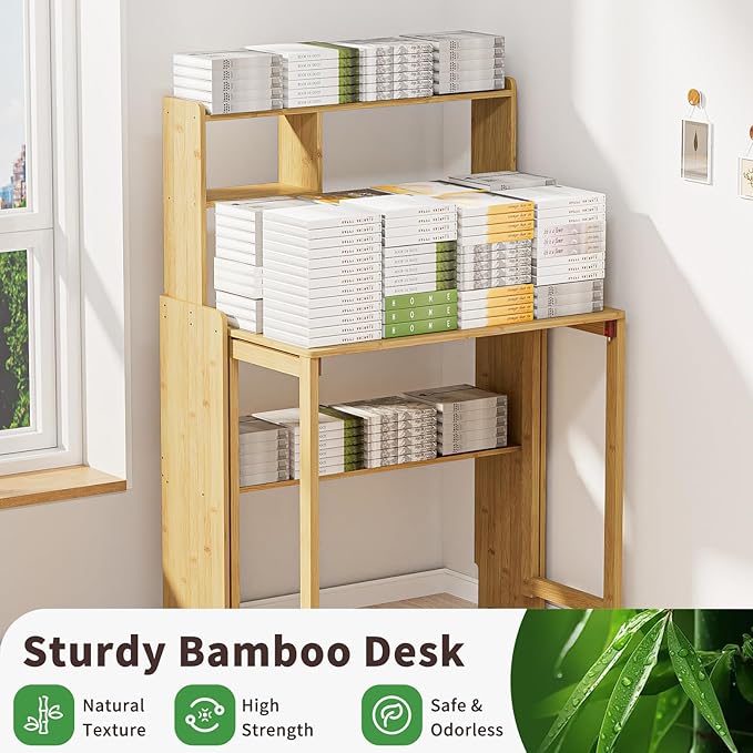 Bamboo Folding Desk for Small Spaces with Storage, Mid Century Foldable Desk with Bookshelf, Small Desks with Storage for Home Office Bedroom, Natural