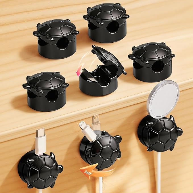 Rotatable Cable Clips, 8 Pack Cord Holder for Nightstand Black | Self-Adhesive Cord Clips, Dorm Room Essentials, Cable Holder for Cords, Cord Management for Desk Office Car Wall