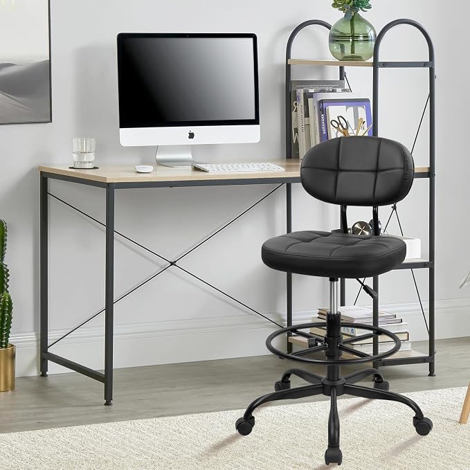 KLASIKA Drafting Stool with Backrest, Tall Adjustable Height Office Chair, PU Leather Swivel Rolling Stool with Footrest & Wheels for Standing Desk, Bar, Salon, Spa, Lab, Counter, Home, Black，2PK