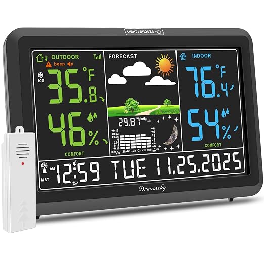 DreamSky Weather Station Indoor Outdoor Thermometer Wireless, Atomic Clock | Digital Large Display with Backlight Dimmer, USB Port, Inside Outside Temperature Humidity Monitor for Home (Plug-in)