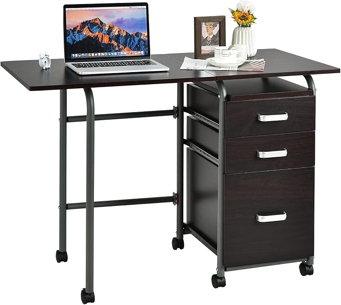 Tangkula Folding Computer Desk with 3 Storage Drawers, Mobile Home Office Desk Study Writing Desk with Smooth Wheels, Space Saving Compact Desk for Dorm Apartment, Rolling Folding Desk Table