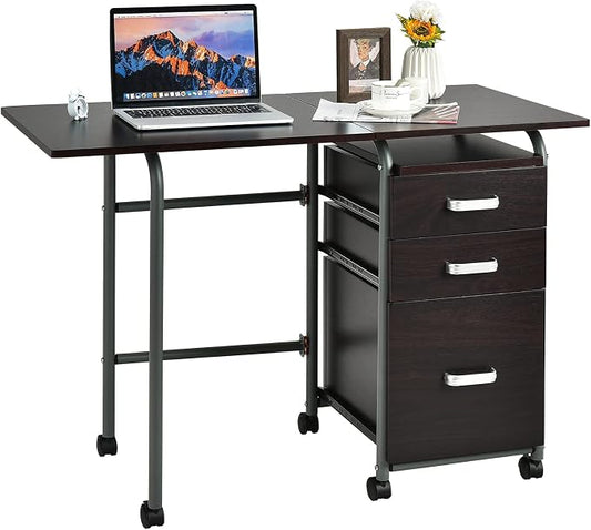 Tangkula Folding Computer Desk with 3 Storage Drawers, Mobile Home Office Desk Study Writing Desk with Smooth Wheels, Space Saving Compact Desk for Dorm Apartment, Rolling Folding Desk Table