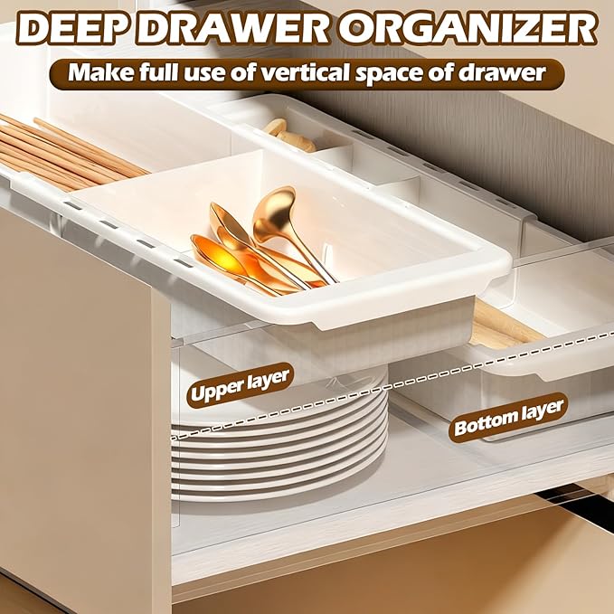 Deep Drawer Organizer, Expandable Drawer Organizer, Plastic Tray with Dividers - White