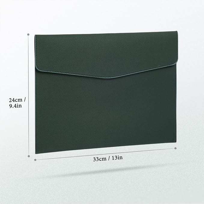 FYY File Folder, PU Leather A4 Document Holder File Organizer Filing Envelope Portfolio Case Tablet Sleeve with Magnetic Snap Closure for Home School Office Stationery Green