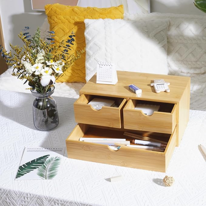 Charmewooden Bamboo Desk Organizer with 3 Drawers, Countertop Organizer with Drawers Makeup Storage Drawer 3 Drawers Tabletop Storage Organization Box Home Office Workspace