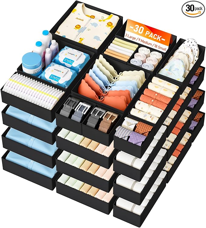 DIMJ Drawer Organizer Clothes 30 Pack - Foldable Baby Organizers and Storage & Closet Organizers for Bedroom, Closet - Nursery Organization Dresser Dividers for underwear, Sock,Bra, Belt, Tie, Black