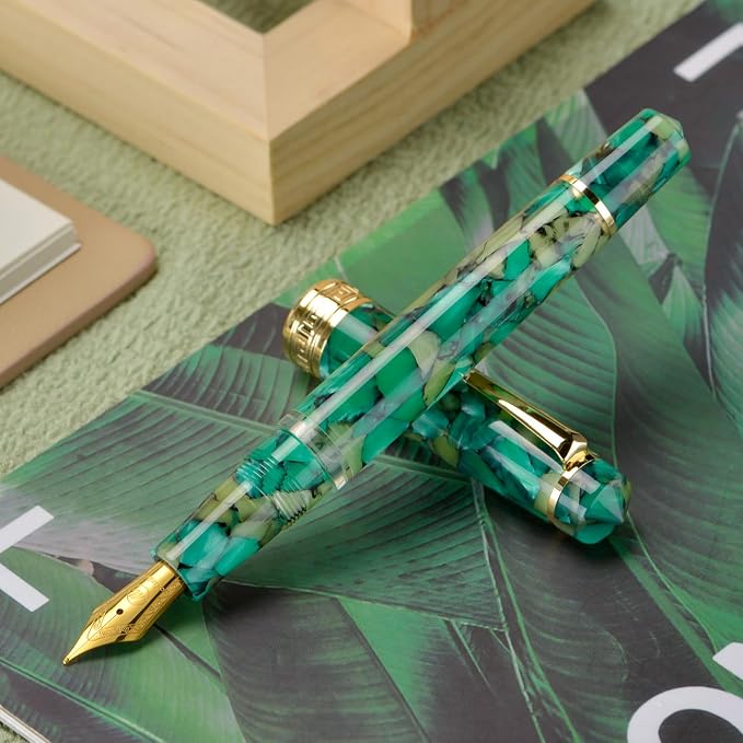 Asvine P20 Piston Fountain Pen Extra Fine Point, Green Marble Acrylic Gold Trim Smooth Writer Collection with Case Set