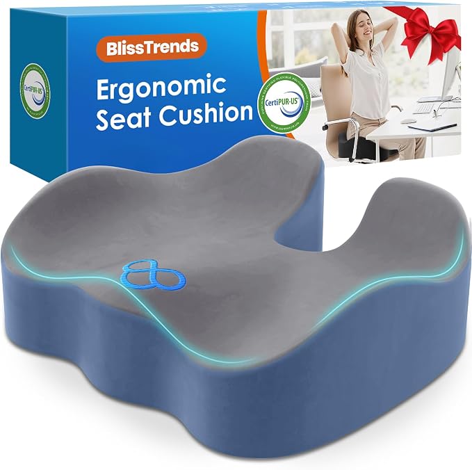 BlissTrends Seat Cushion,Thick Memory Foam Cushions for Office Chair, Car Seat, Airplane, Relieving Pressure Tailbone Sciatica Back Pain for Office Workers, Car Drivers 4.7in Thick Dark Grey&Blue