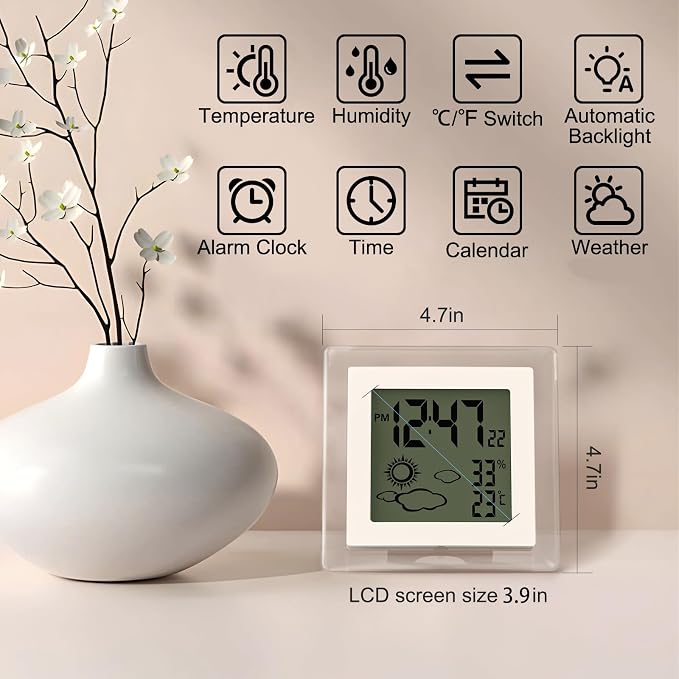 Small Clock Digital Battery Operated Alarm Clock with Auto Backlight, Indoor Temperature Humidity, 12/24H, Date, Travel Alarm Clock Desk Clock Small Clock for Shelf (Battery Included)