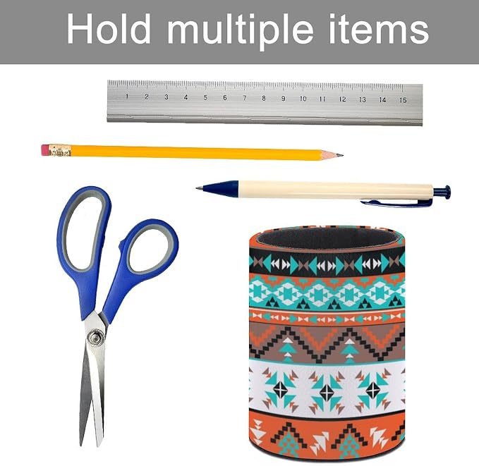 Western Aztec Pen Holder for Desk PU Pencil Cup Organizer | Round Desks Makeup Brush Holder for School Multifunctional Office Supplies