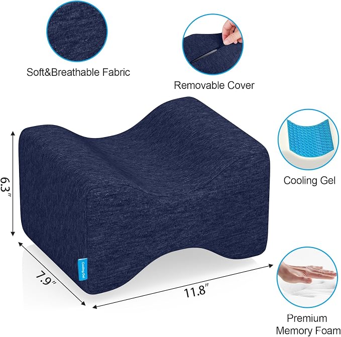 Knee Pillow for Side Sleepers with Cooling Gel, Memory Foam Elevation Pillow for Spine Aligning, Sciatica, Back, Hip, Knee, Ankle Pain, Blue/X-Large