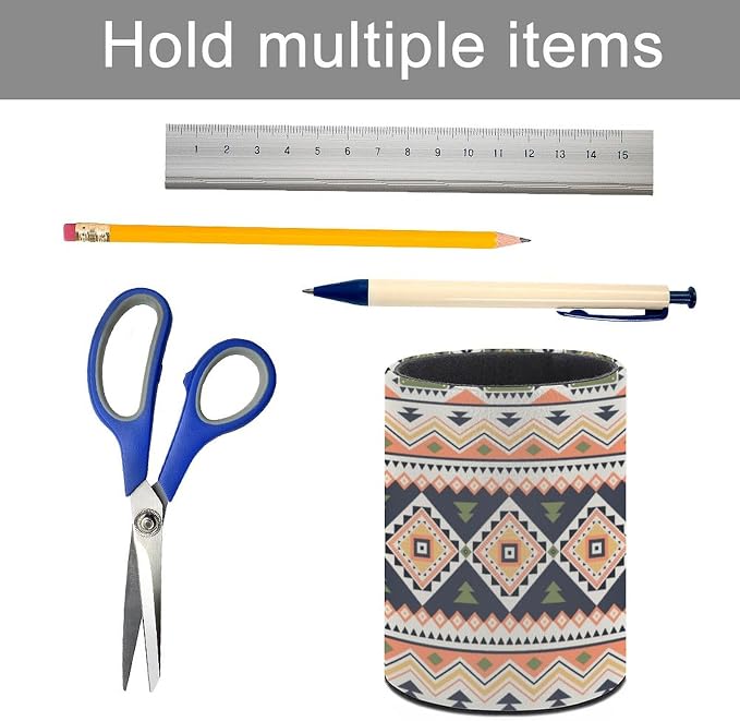 Tribal Western Aztec Pen Holder for Desk PU Pencil Cup Organizer | Round Desks Makeup Brush Holder for School Multifunctional Office Supplies