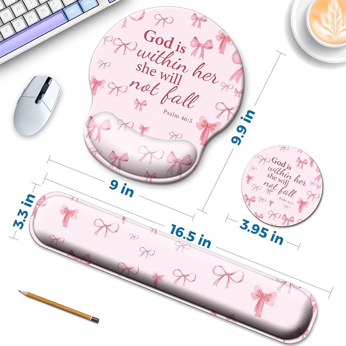Mouse Pad and Keyboard Wrist Rest Support, with Non-Slip PU Base,Gel Mouse Pad with Coaster,Pain Relief for Gaming, Computer,Office -Pink Bowtie