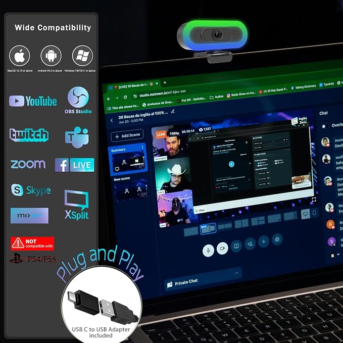 2K Webcam for PC with Microphone/Ring Light,USB C Computer Camera | Webcam with RGB/White Light/Cover,Autofocus,65°FOV, PC Web Camera for Desktop Computer Video Meeting/Gaming Streaming
