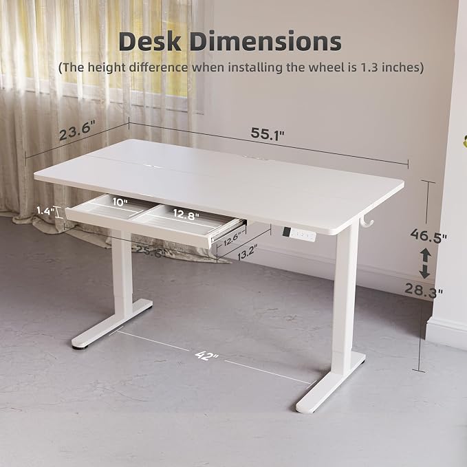 YDN Electric Standing Desk 55 x 24 Inch Adjustable Height with Drawer White | Industrial-grade steel frame supports 176Lbs, 28.3 to 46.5 inch height range, 3 memory presets, 45dB quiet motor