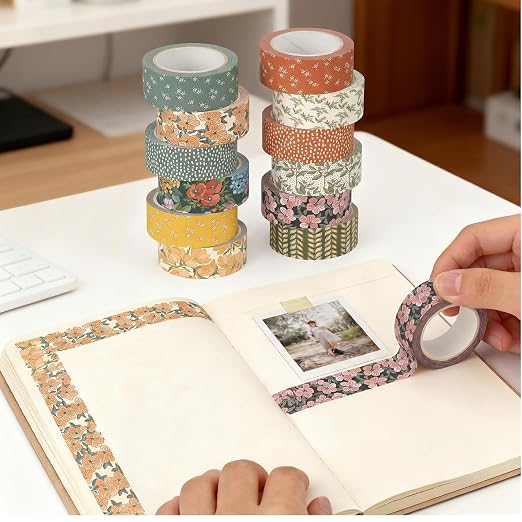 12 Rolls Watercolor Floral Washi Tape Set 15 mm Vintage Flower Decorative Masking Tape for Summer School Arts DIY Craft Scrapbook Journal Supplies Gifts(Warm Tones,Botanic)