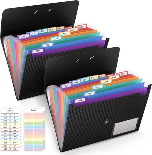 SKYDUE 2Pack Expanding File Folder, Accordion File Organizer with 13 Pocket | Accordion Folder with Labels for A4/Letter Sized Paper, Document Receipt Organizer for Office, School, Home