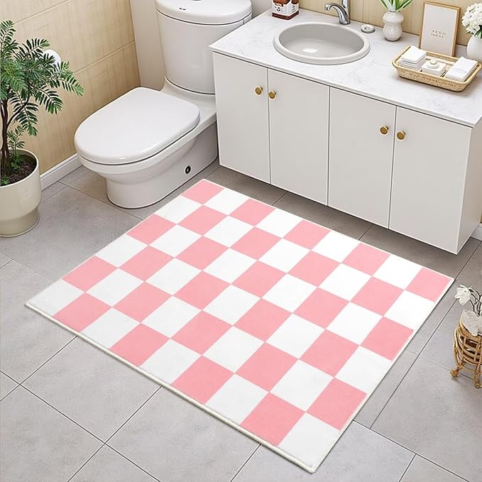 Terrug Pink and White Checkered Rug for Entryway,2x3 Small Area Rugs Washable with Non Slip for Kitchen,Soft Low Pile Retro Carpet for Bedroom Front Door Porch