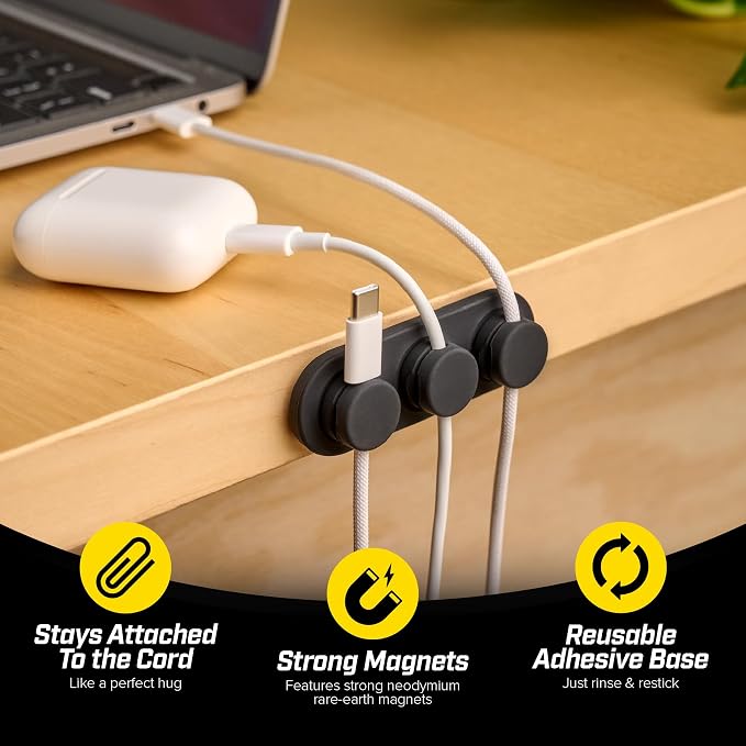 Wrap-It Storage MagnaDock Magnetic Cable Holder - 2-Pack (Black) | Adhesive Cable Clips Cord Organizer Desktop Cord Holder for Nightstand Desk Cable Management