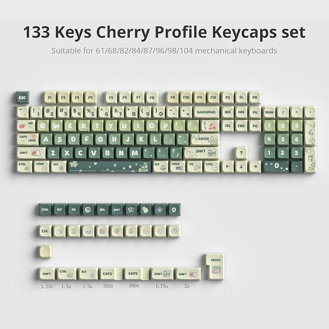 Guffercty kred 133 Keys XDA Profile Green keycaps 75 Percent Cute PBT Keyboard Caps with ISO Keys for 60% 65% 75% 96% Mechanical Keyboard (Light Green)