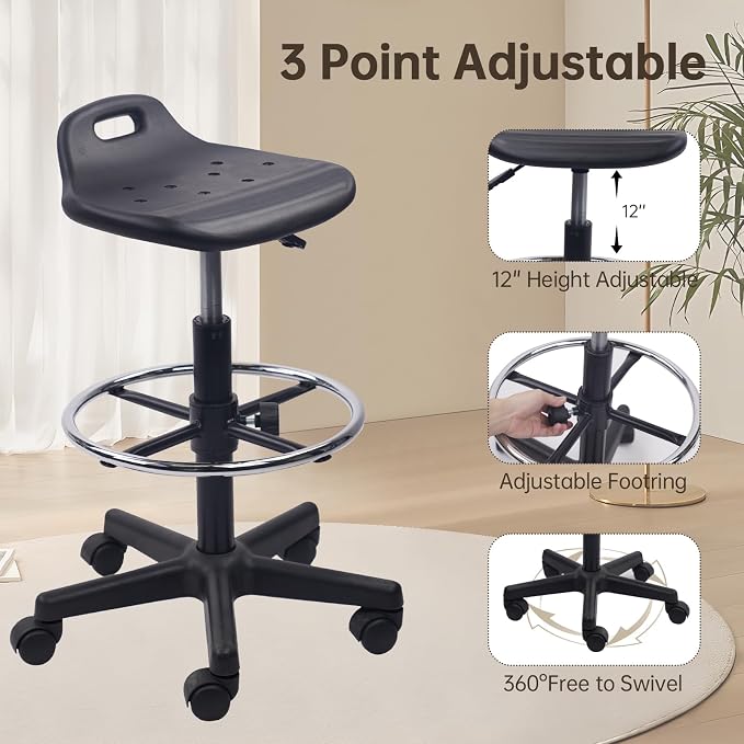 KLASIKA Drafting Rolling Stool Adjustable Height with Foot Rest Breathable Seat Cushion Swivel Stools with Wheels, Multi-Purpose Work Stool for Shop, Task, Salon, Black, 1 Pack