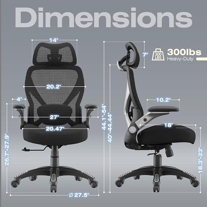 ELABEST X100 Ergonomic Mesh Office Chair, Big and Tall Hone Desk Chair with 5D Flip-Up Arms, Adjustable 3D Lumbar Support,Gaming & Executive Computer Chairs for Long Hours, Padded Seat