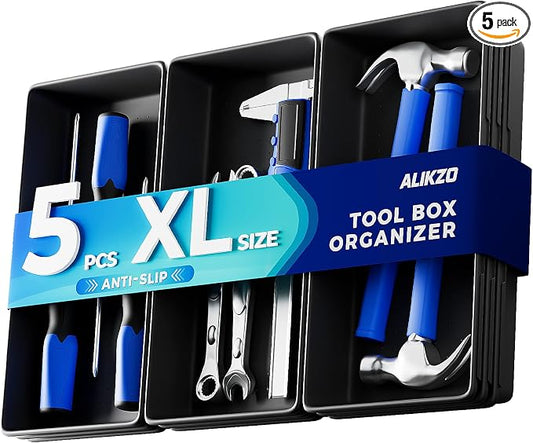 5 PCS Extra Large Toolbox Organizer Trays, Desk Drawer Organizer with EVA Non Slip Pads, Deep Drawer Dividers for Power Tools, Impact Drivers, Cordless Drills, Torque Wrenches (XL_5PCS_Black)