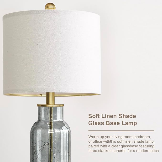 Oneach 22" Glass Table Lamps Set of 2, Gray Modern Bedside Lamp with LED Night Light for Living Room, Nightstand Lamp with USB Ports for Bedrooms, Study Room, End Table(2 Bulbs Included)