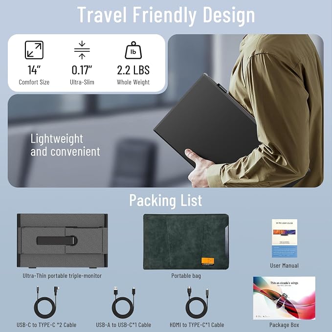 Triple Laptop Screen Extender, 14.1'' FHD 1080P Ultra-Slim Portable Monitor for Laptops, Two Cable USB-C Travel Monitor Extender Plug & Play for 13"-17" Laptop, Compatible with Wins/Mac/Android/Chrome