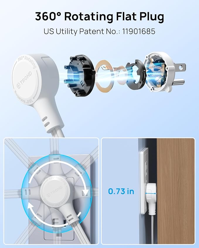 TROND 360° Rotating Flat Plug Short Extension Cord 3FT - Low Profile Power Strip Mountable, 4 AC 4 USB, 900J, 13A/1625W, Compact for Tight Spaces Hard Reach Outlet in Bedroom Home Office Dorm, White