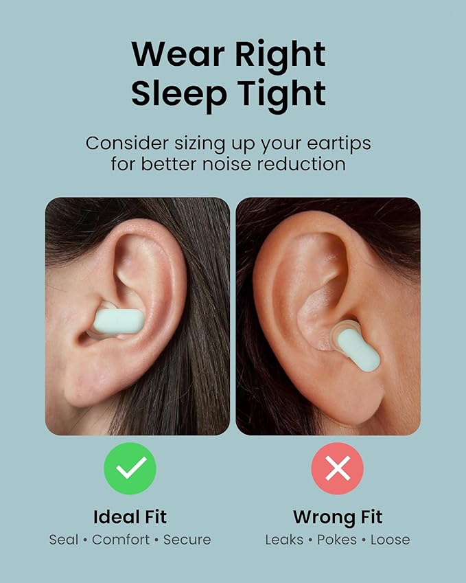 Dream Ear Plugs for Sleeping, 23dB Noise Reduction Soft Silicone Earplugs with Patented Qufits Eartips and Carry Case, Reusable Earplugs for Sleep, Work, Focus, Study, Travel - Mint