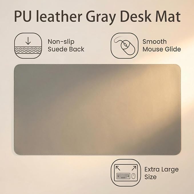 Extra Large Leather Desk Ma, 16" x 28" Non-Slip Dressing Table Cover Protector, Waterproof Student Study Desk Mat, Home Office Decor - Light Gray