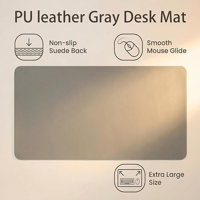 Desk Mat, 16" x 27" Large Light Gray Aesthetic Accessories, PU Leather Computer Laptop Desk Mat Mouse Keyboard Pad, Desk Writing Makeup Mat for Vanity/Work/Home Decor